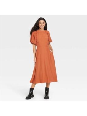 A New Day Rust Puff-Sleeve Midi Dress - Women